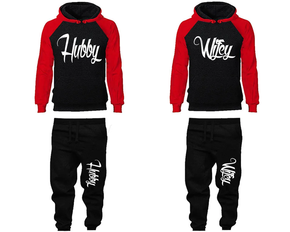 Hubby Wifey Couple Matching Raglan Hoodies and Jogger Pants Top & Bottom Sets