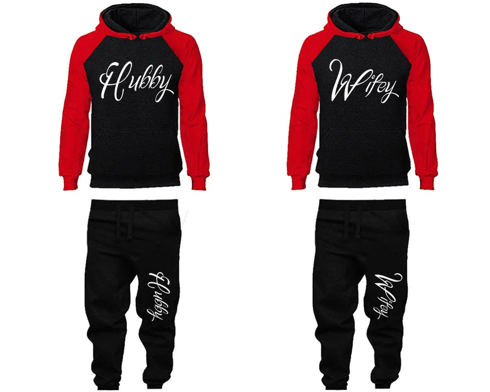 Hubby Wifey Couple Matching Raglan Hoodies and Jogger Pants Top & Bottom Sets