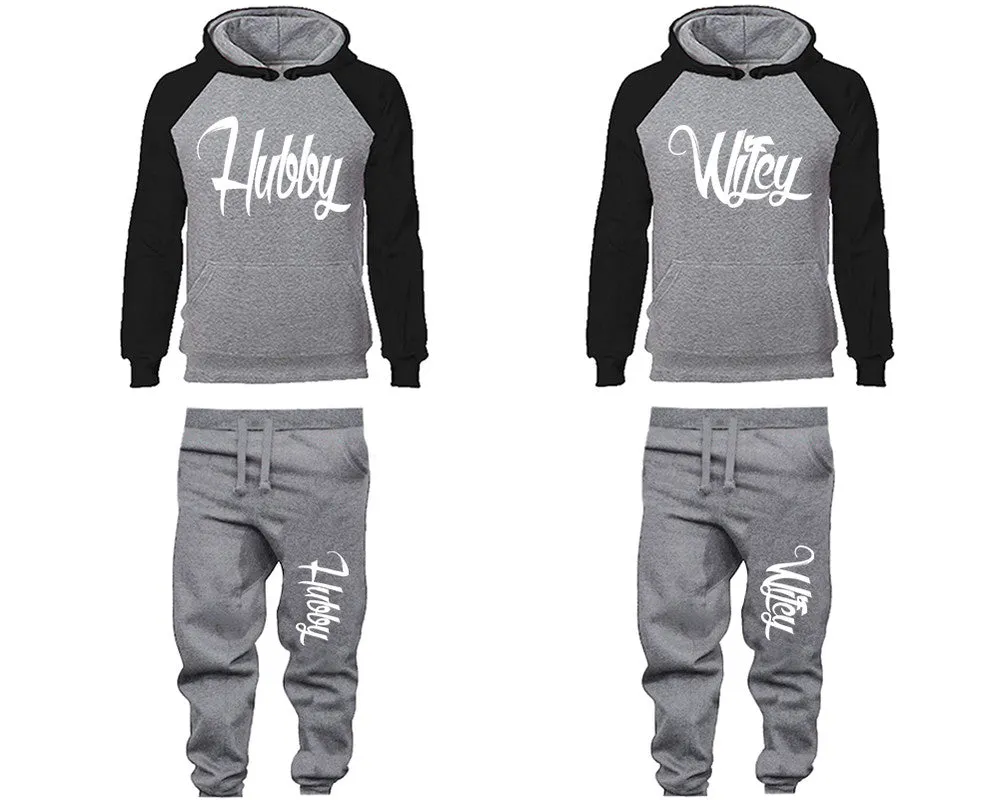 Hubby Wifey Couple Matching Raglan Hoodies and Jogger Pants Top & Bottom Sets