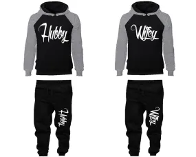 Hubby Wifey Couple Matching Raglan Hoodies and Jogger Pants Top & Bottom Sets