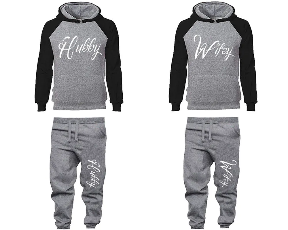 Hubby Wifey Couple Matching Raglan Hoodies and Jogger Pants Top & Bottom Sets