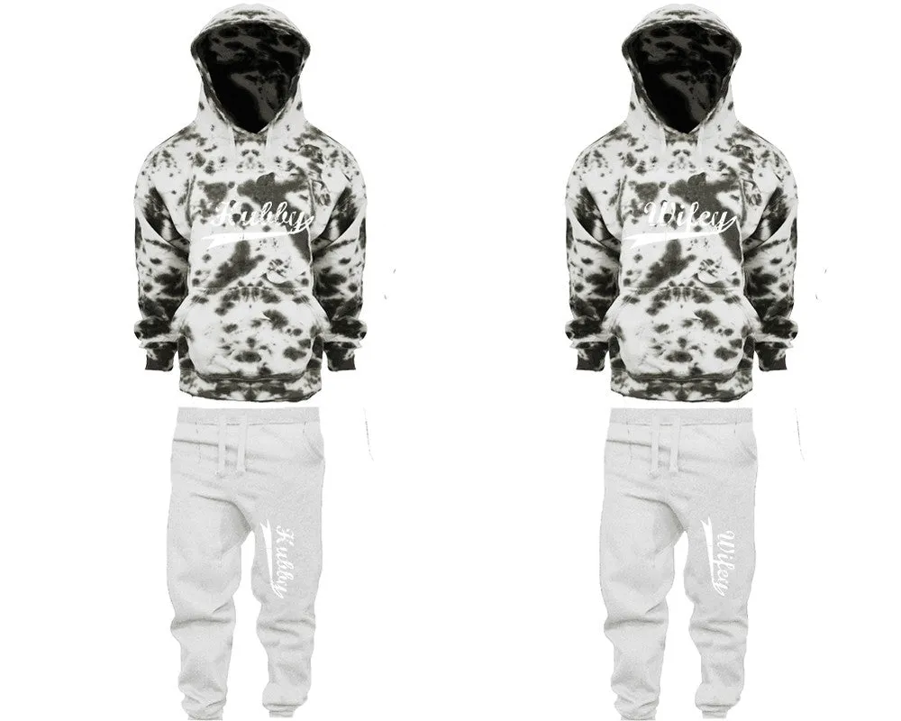 Hubby Wifey Couple Matching Tie Dye Hoodies and Fleece Jogger Pants Sets