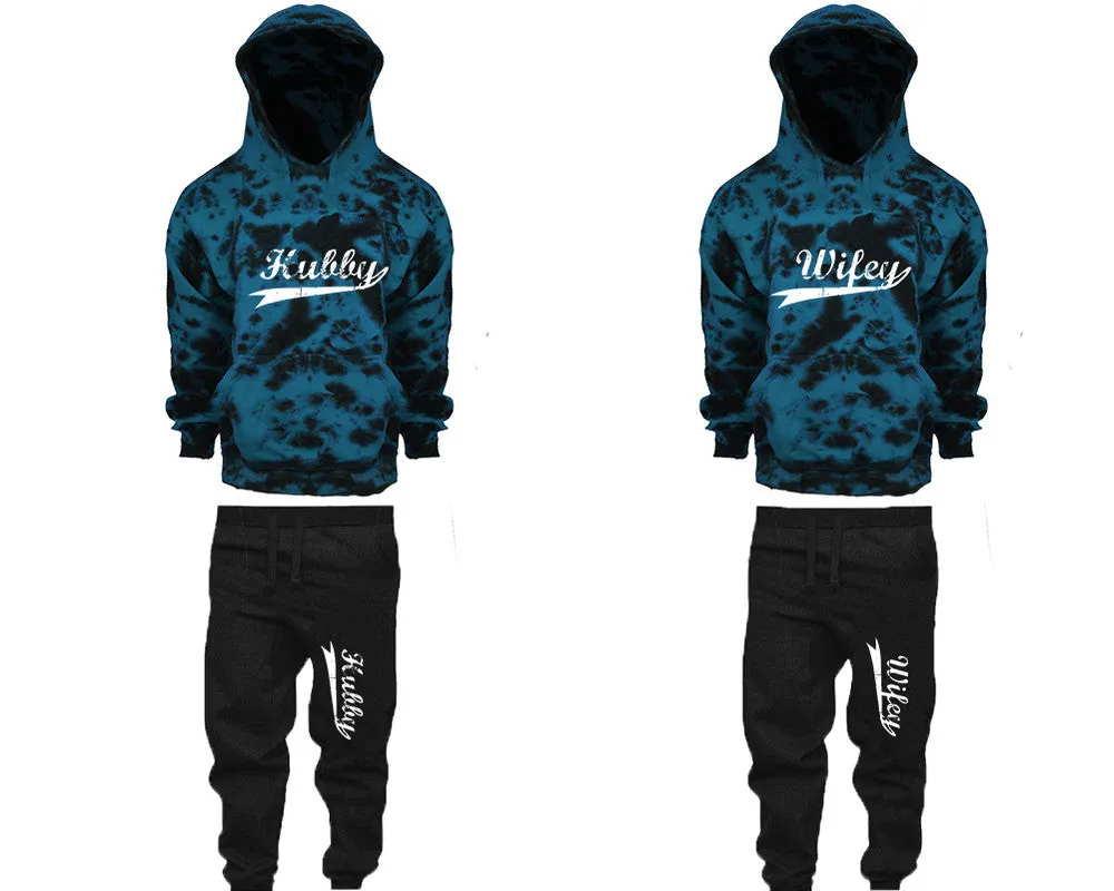 Hubby Wifey Couple Matching Tie Dye Hoodies and Fleece Jogger Pants Sets