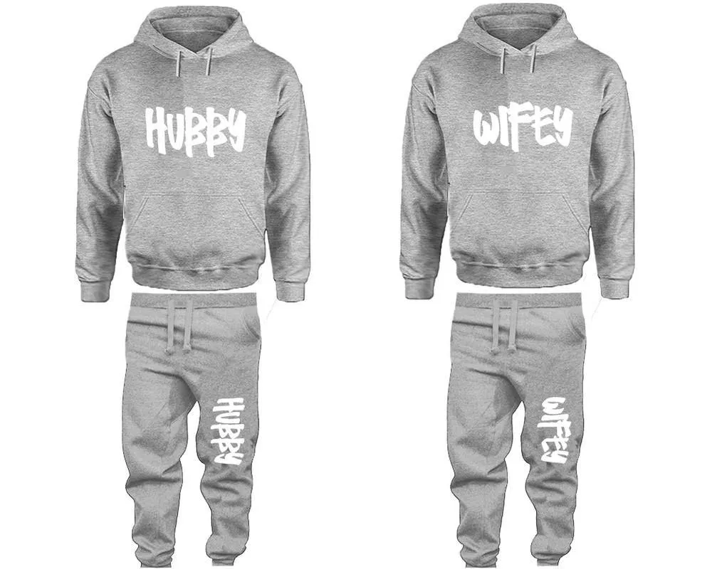 Hubby Wifey Couple Pullover Hoodie and Jogger Pants, Matching Top Bottom Sets