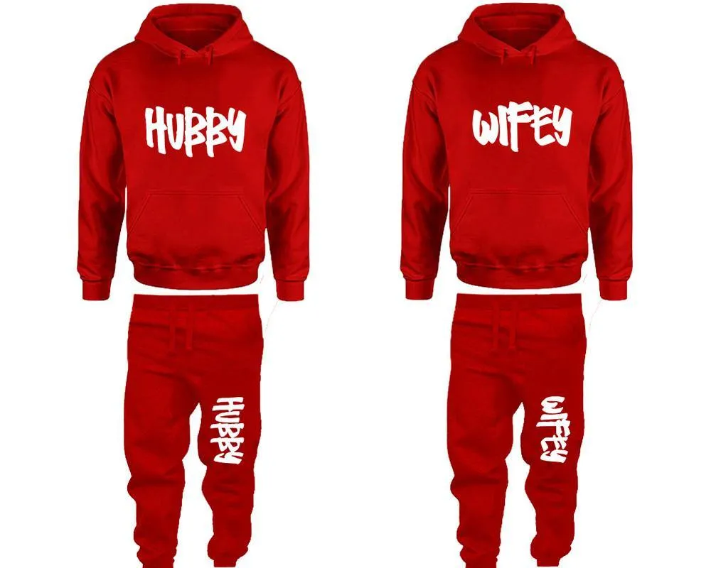 Hubby Wifey Couple Pullover Hoodie and Jogger Pants, Matching Top Bottom Sets