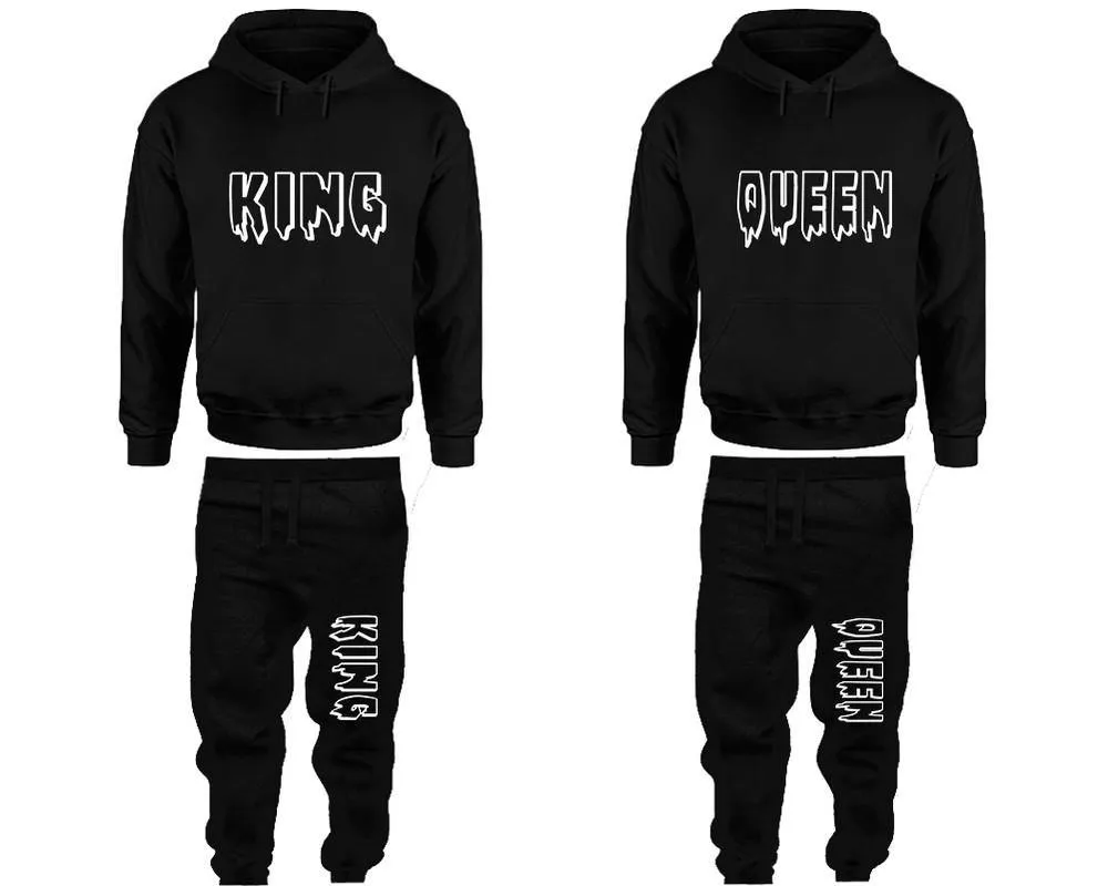 King Queen Couple Pullover Hoodie and Jogger Pants, Matching Top Bottom Sets