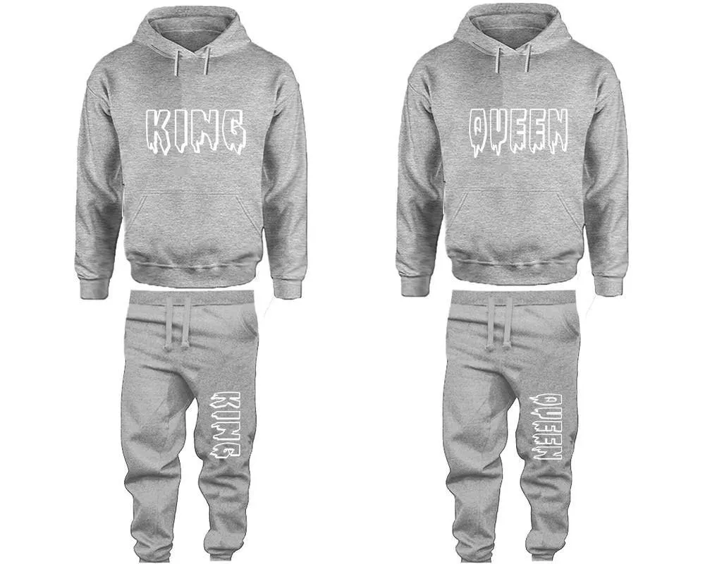 King Queen Couple Pullover Hoodie and Jogger Pants, Matching Top Bottom Sets