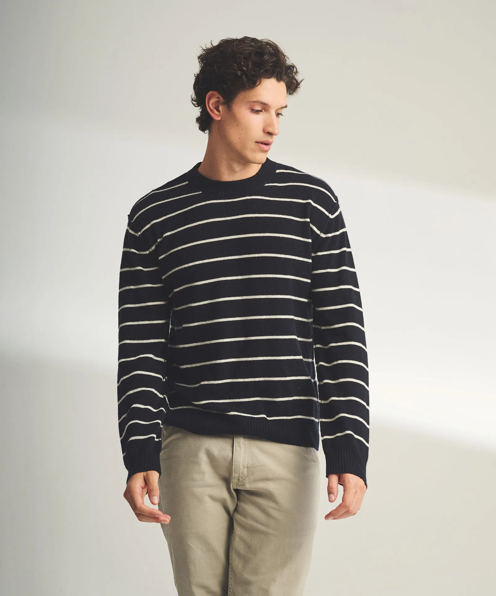 Lightweight Reversible Cashmere Striped Crewneck Sweater