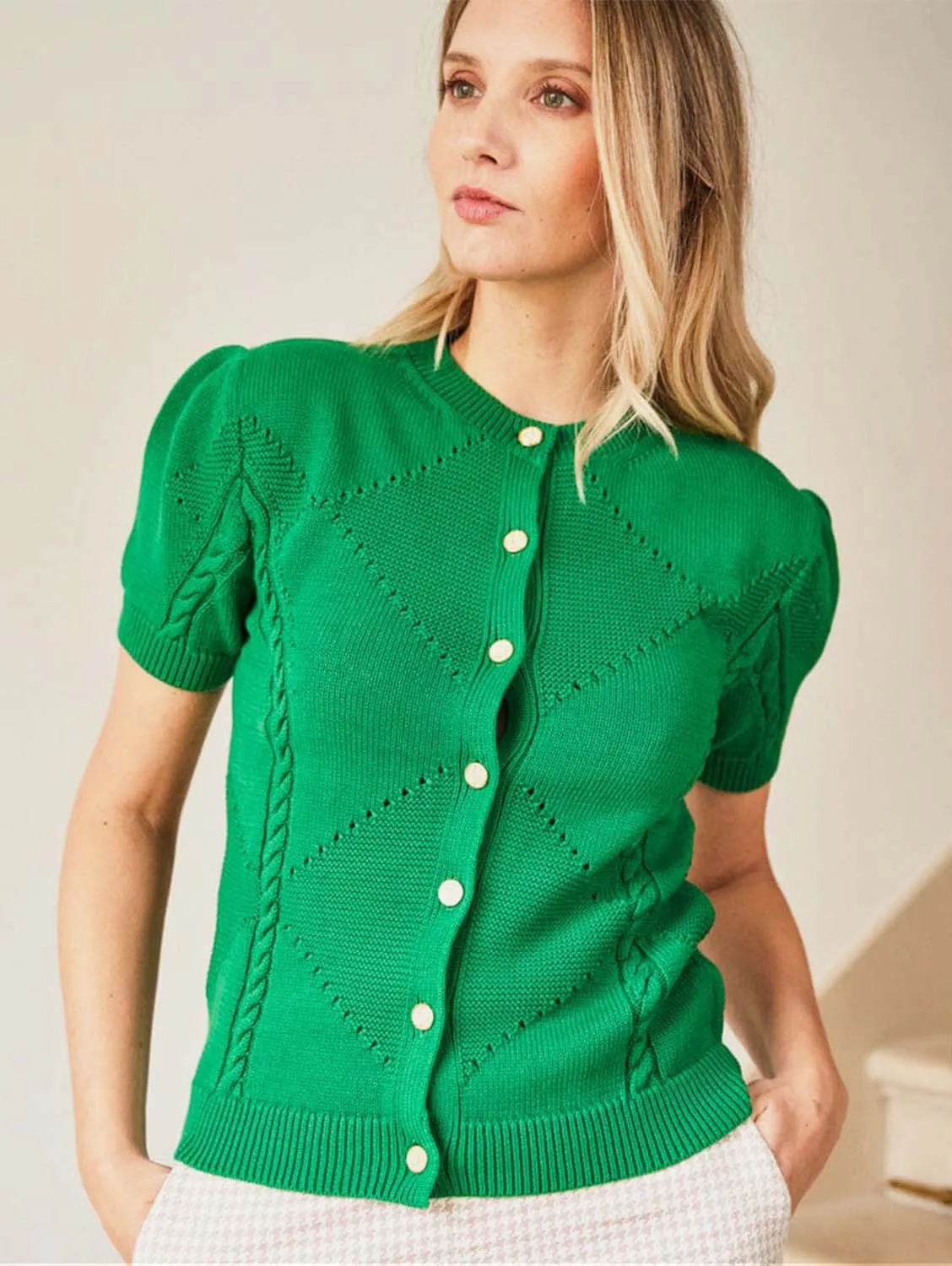 Lily Organic Cotton Knit Detail Cardigan | Emerald