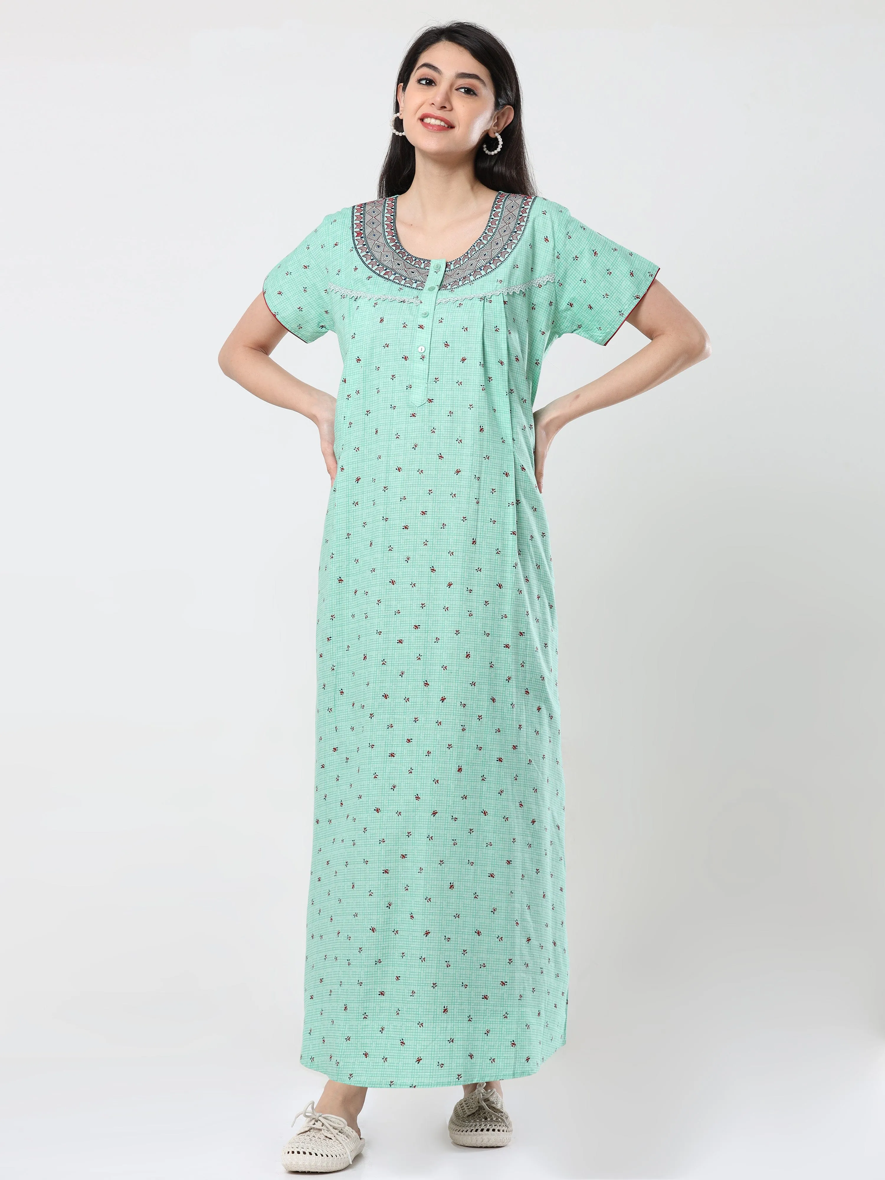 Pure Cotton Maternity Feeding Nighty Green