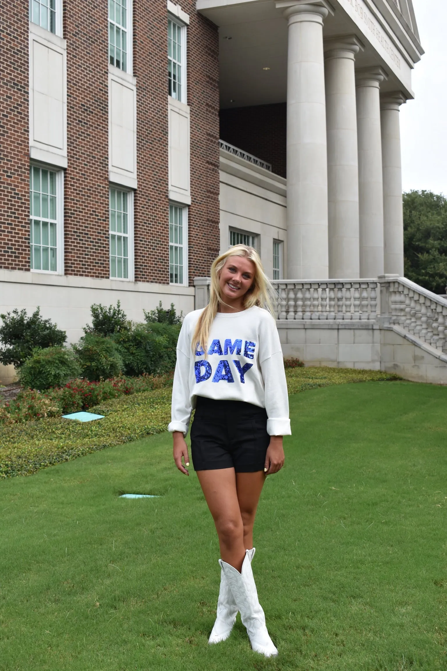 Sequin Game Day Sweater - White/Royal Blue