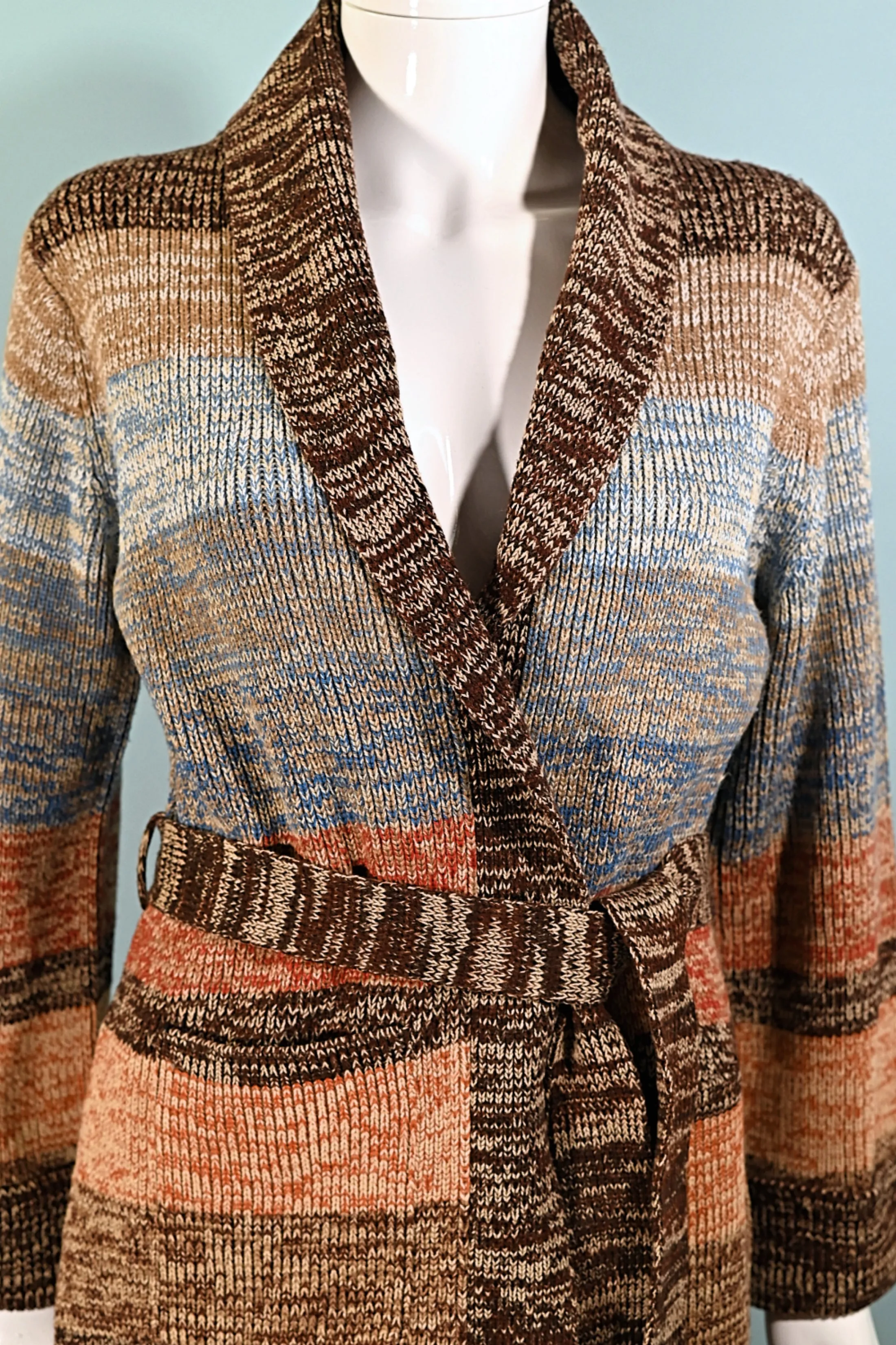 SOLD Vintage 70s Variegated Blue/Brown/Rust Wrap Cardigan Sweater   Belt S