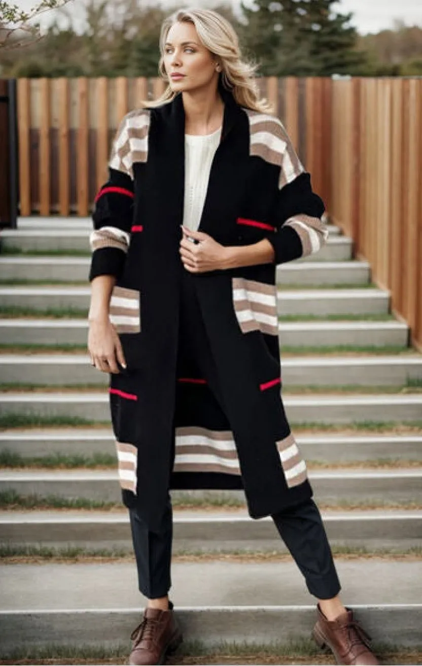 Striped Open Front Long Sleeve Longline Sweater Cardigan