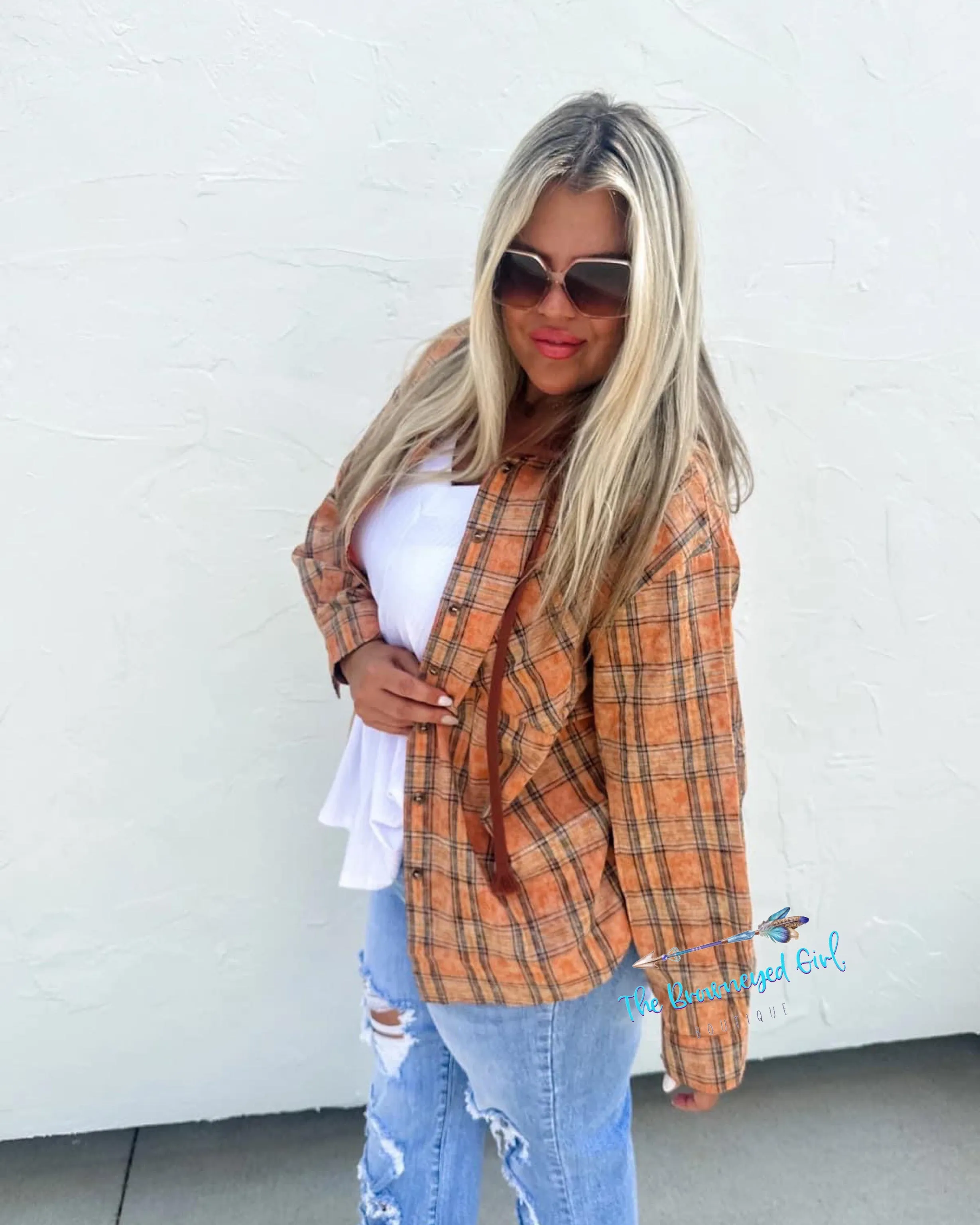 Vivi Flannel Plaid Button Down Hoodie Long Sleeve Top