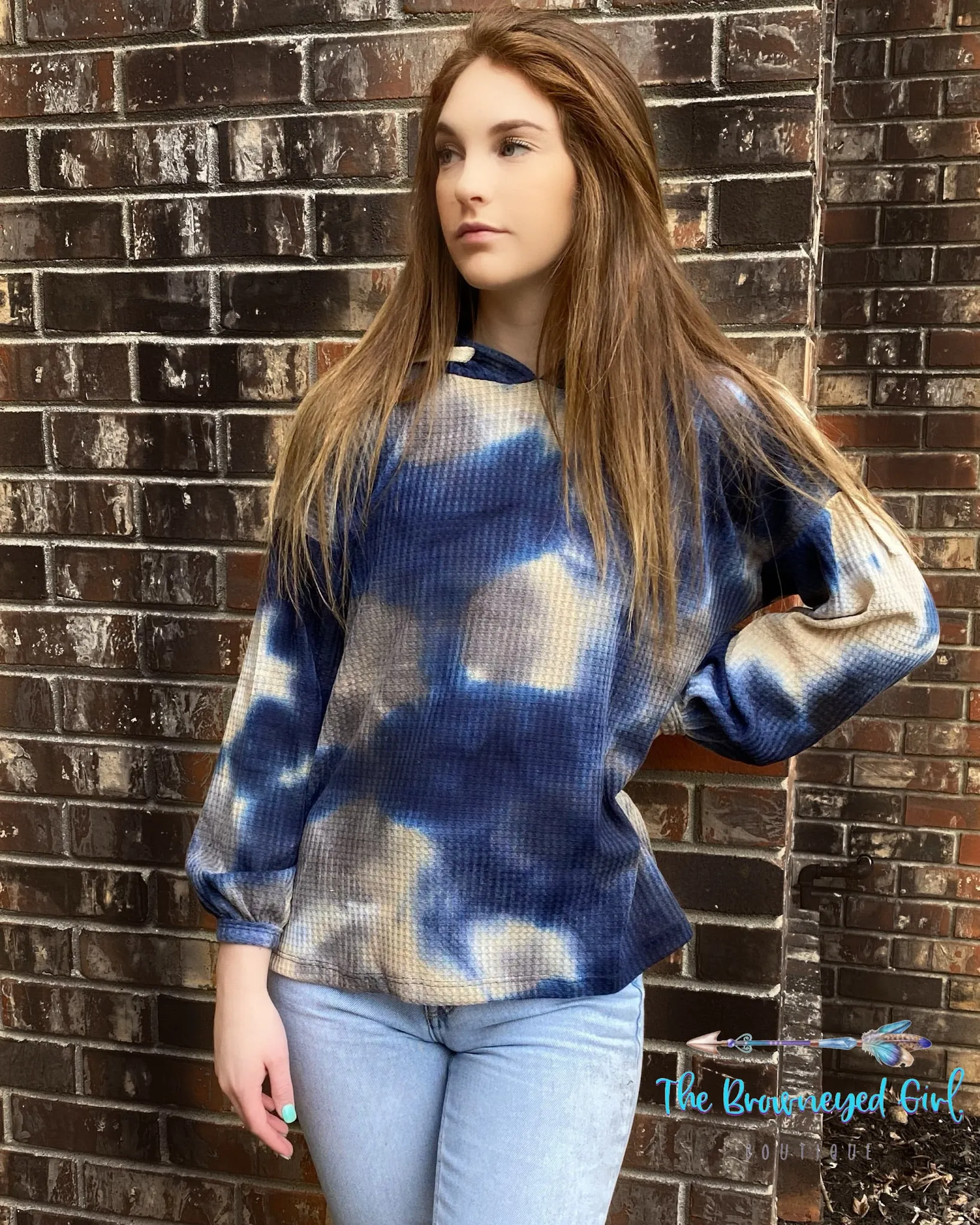 Walking On Clouds Tie-Dye Waffle Knit Hoodie Bubble Sleeve