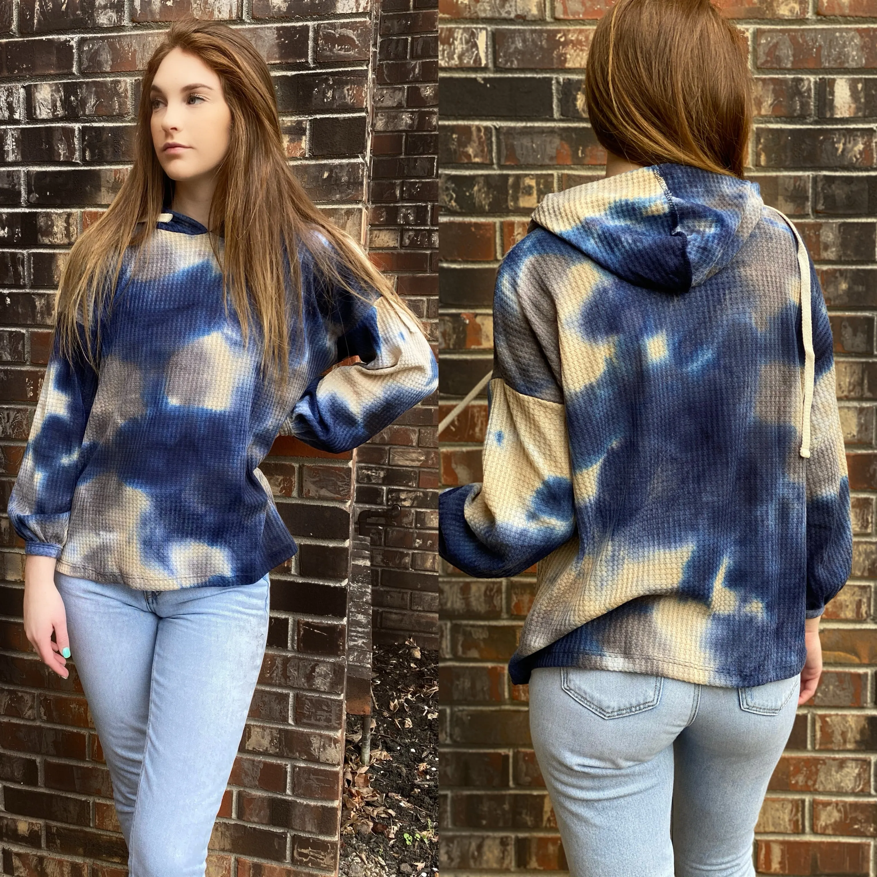 Walking On Clouds Tie-Dye Waffle Knit Hoodie Bubble Sleeve