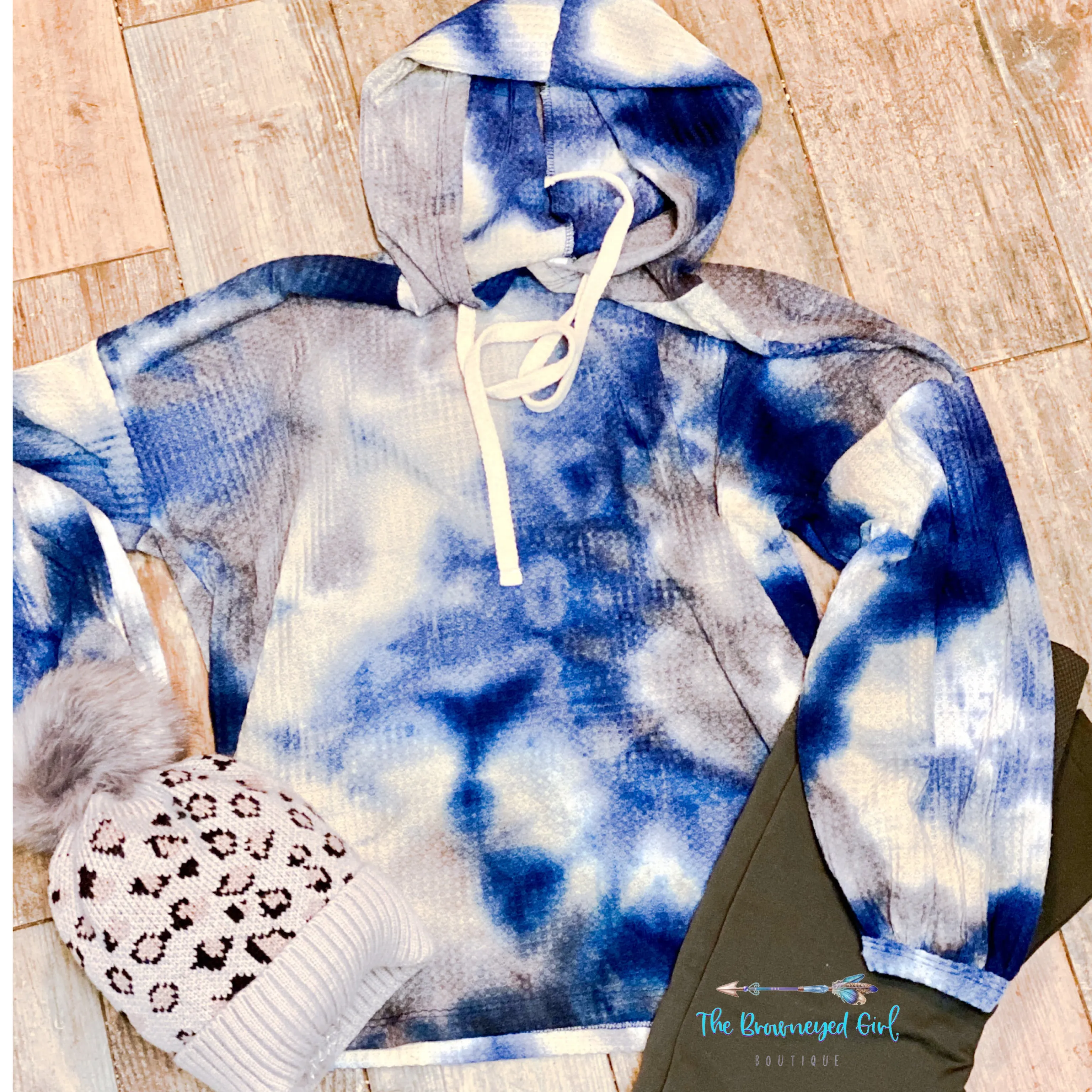 Walking On Clouds Tie-Dye Waffle Knit Hoodie Bubble Sleeve