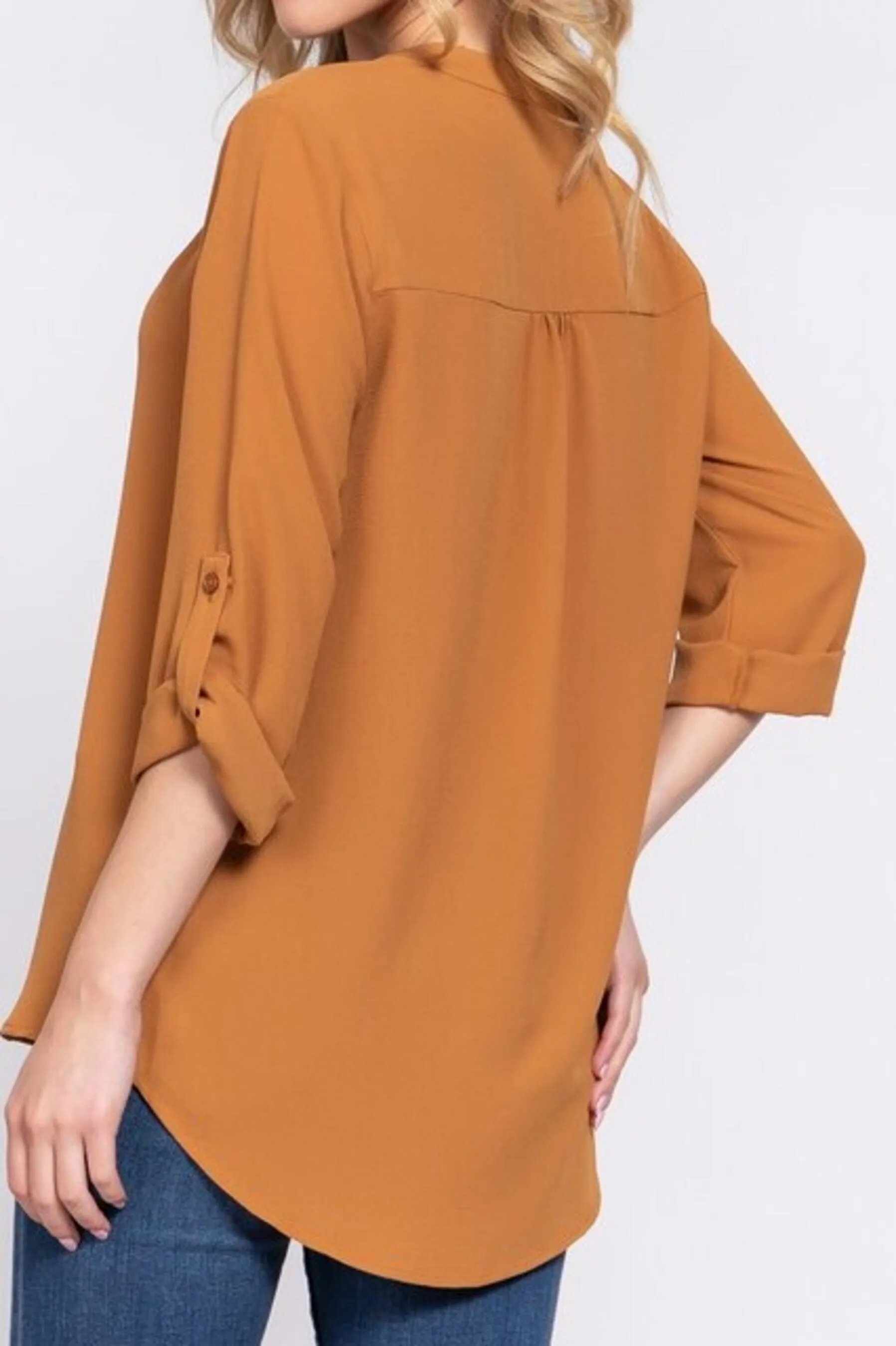 Women's 3/4 Roll up sleeve v-neck woven blouse