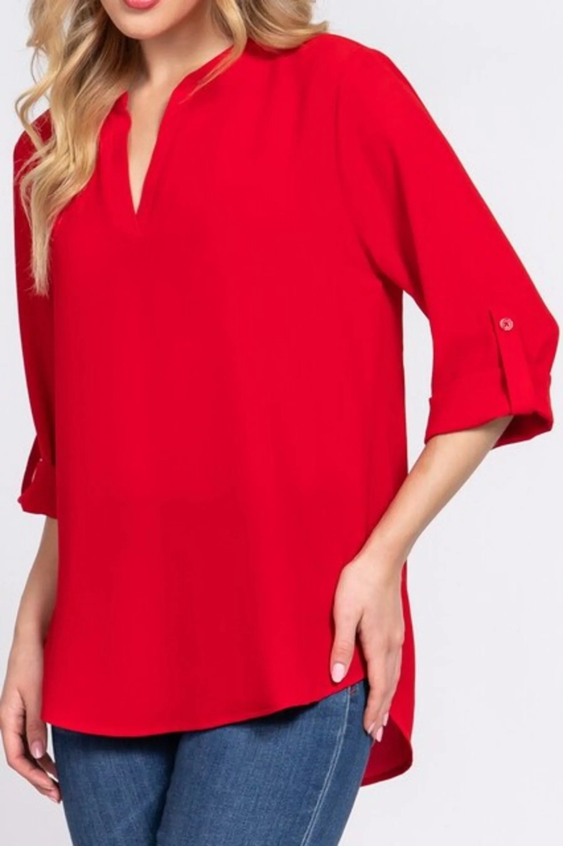 Women's 3/4 Roll up sleeve v-neck woven blouse