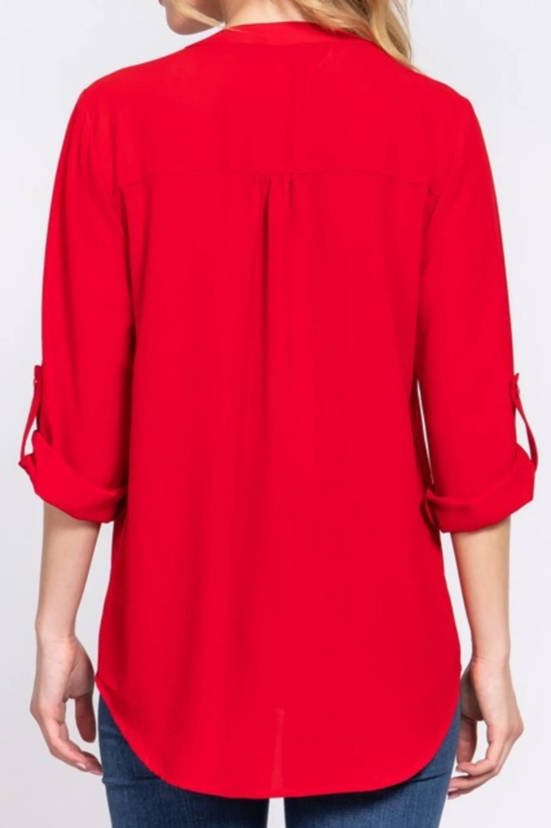 Women's 3/4 Roll up sleeve v-neck woven blouse